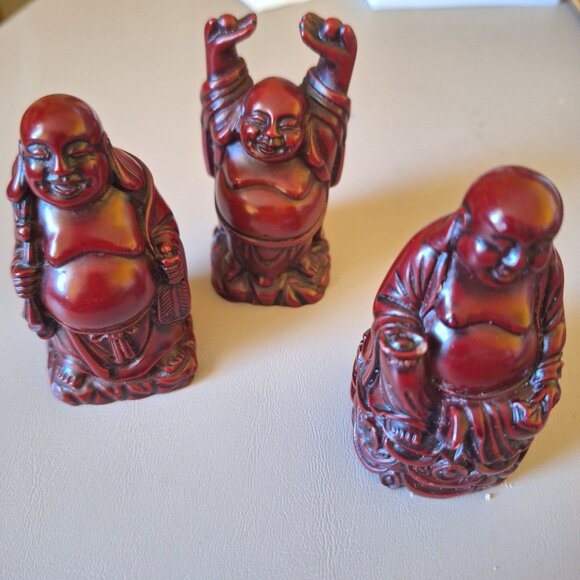 SET OF (3) VINTAGE MINIATURE LAUGHING BUDDHA RED RESIN BUDDHISM - Picture 2 of 5